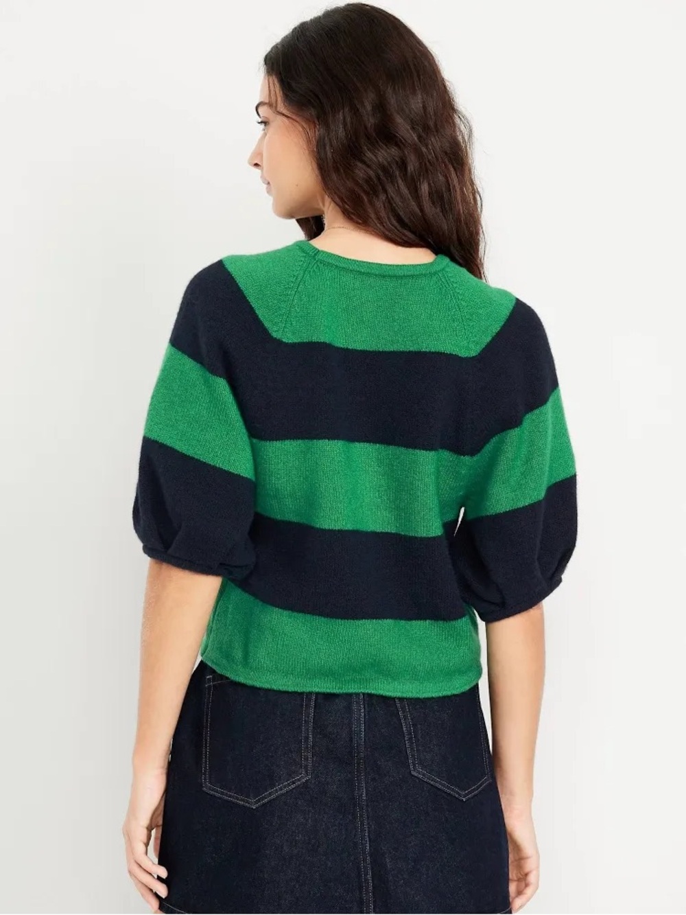 Old Navy Green & Navy Striped Puff-Sleeve Crewneck Sweater - Picture 5 of 5